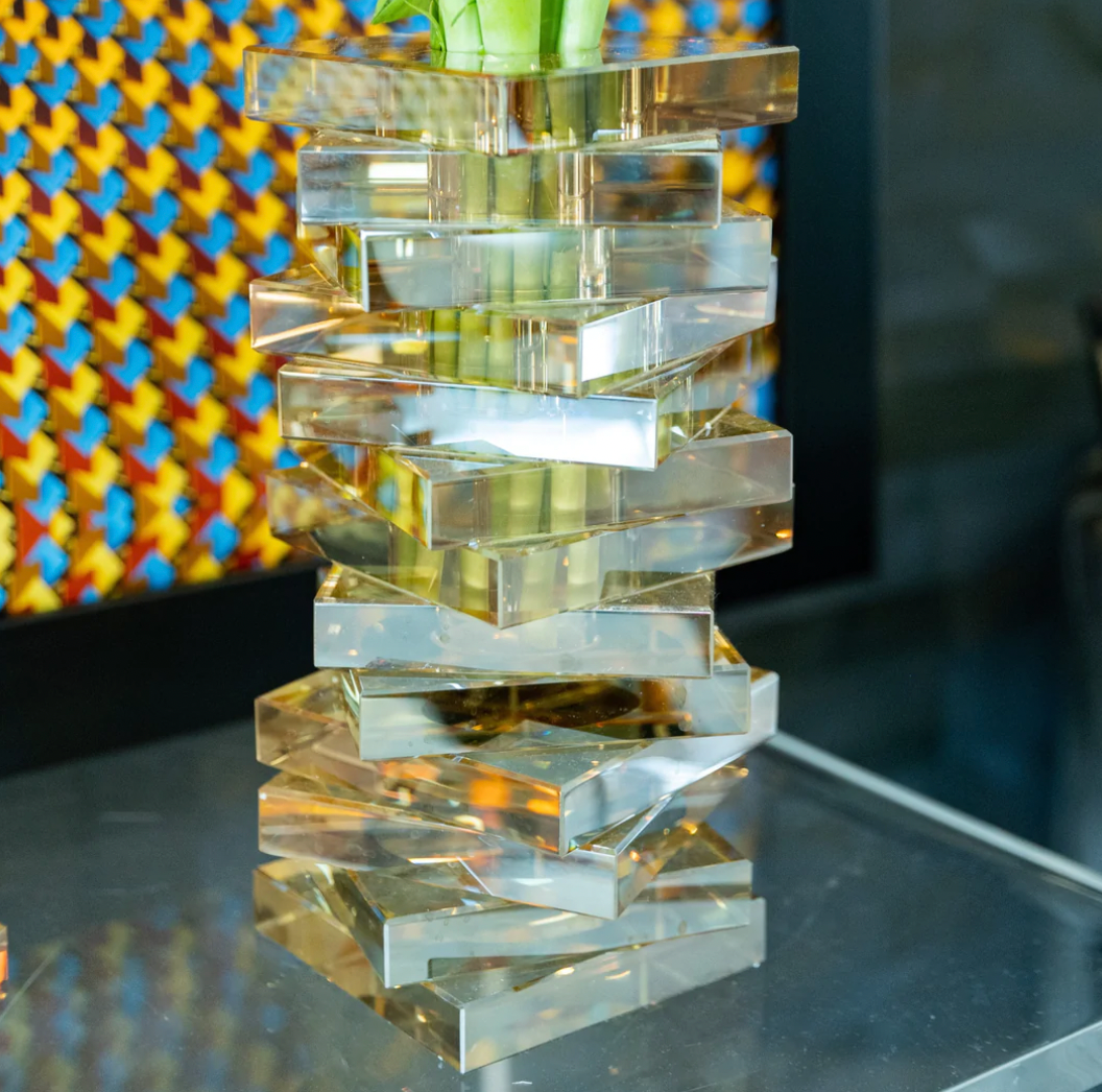 Gold Crystal Twist Vase with Stacked Blocks