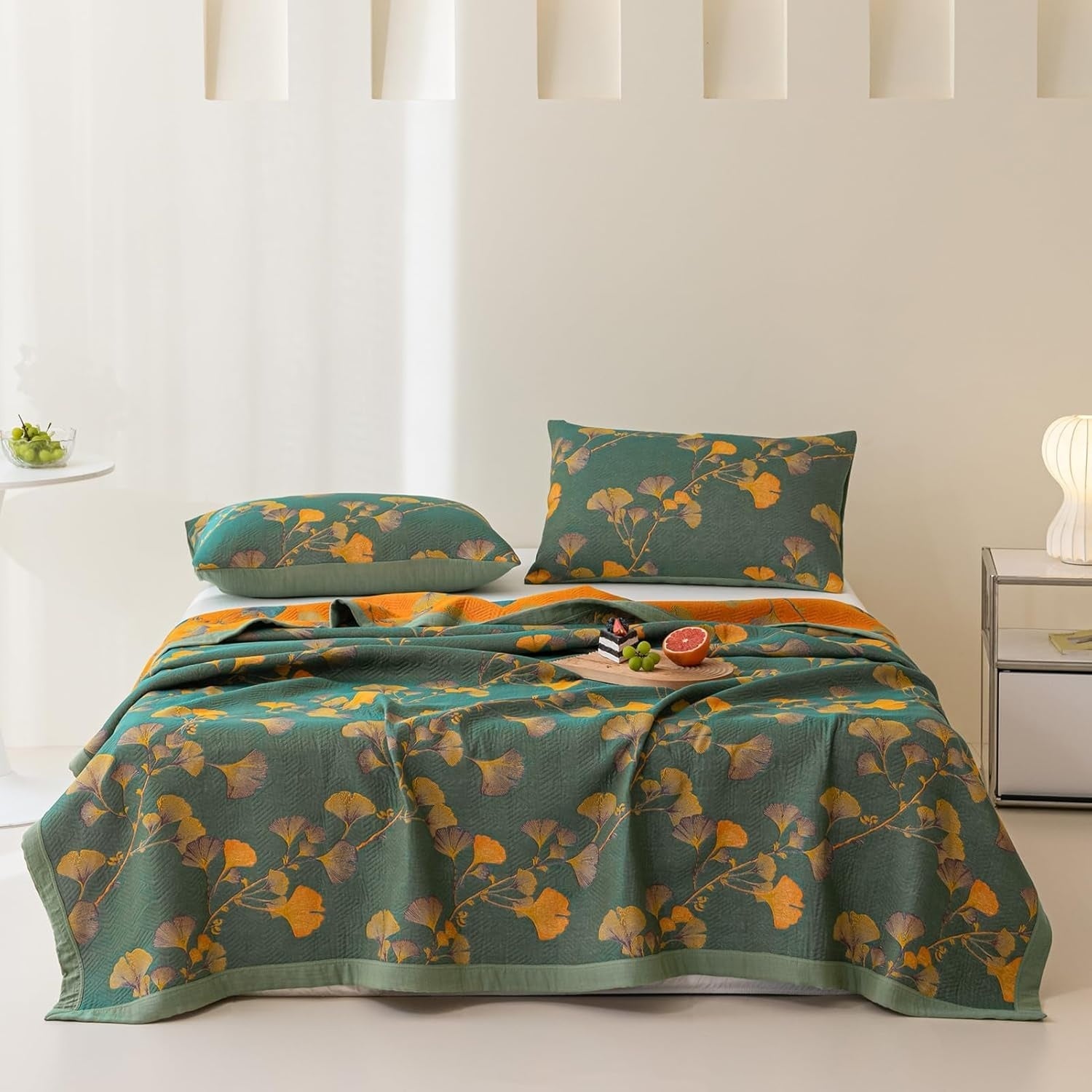 Green Floral Throw Blanket with Ginkgo Leaves