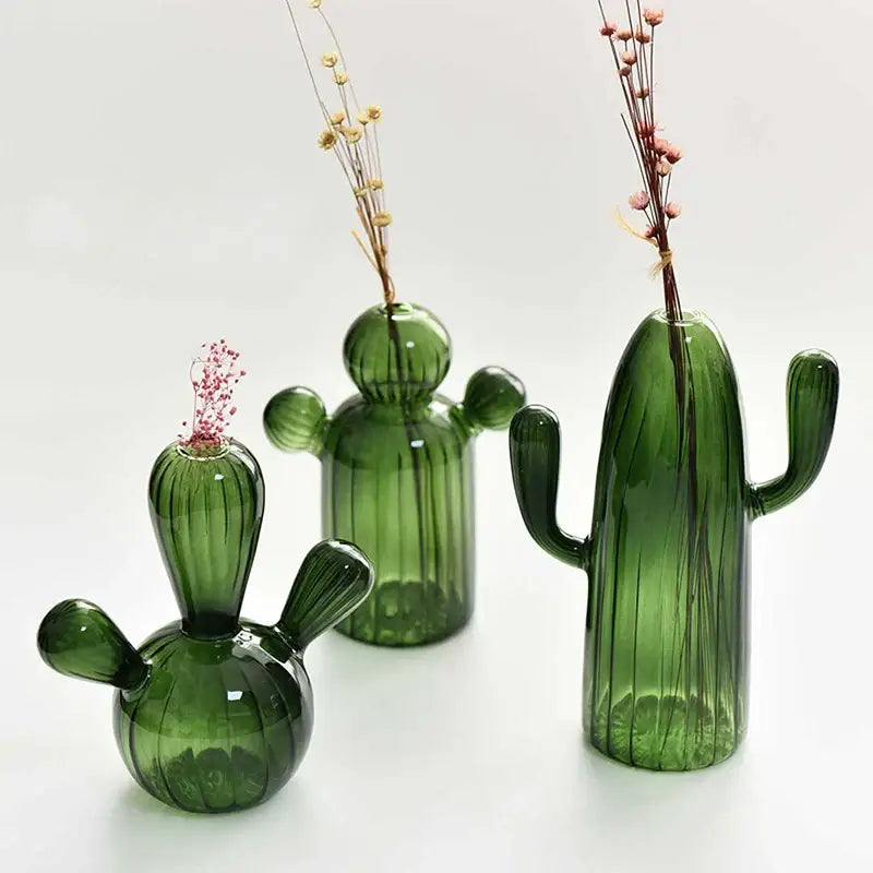 Green Glass Cactus Vase with Ribbed Texture