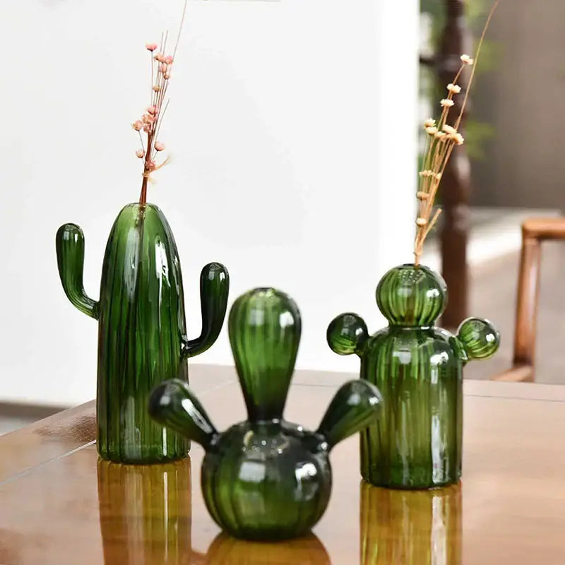 Green Glass Cactus Vase with Ribbed Texture