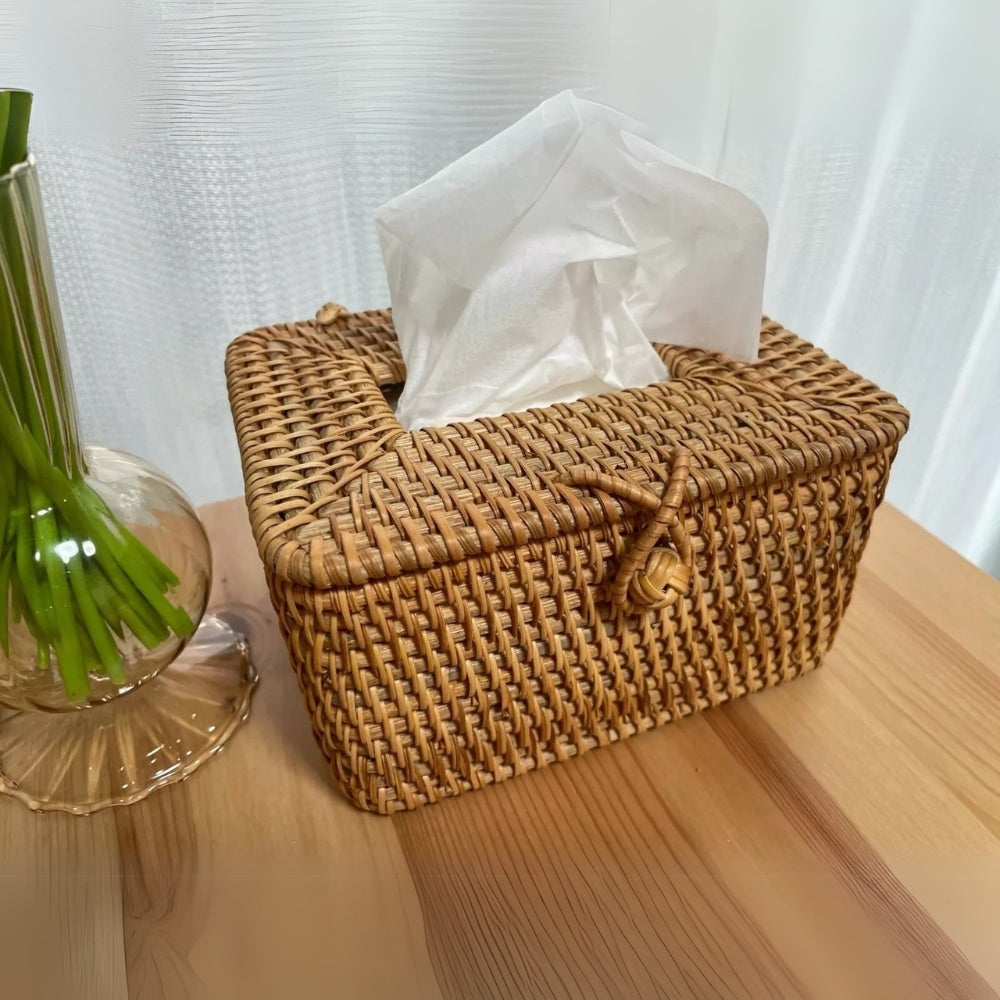 Handwoven Rattan Tissue Box with Lid Cutout