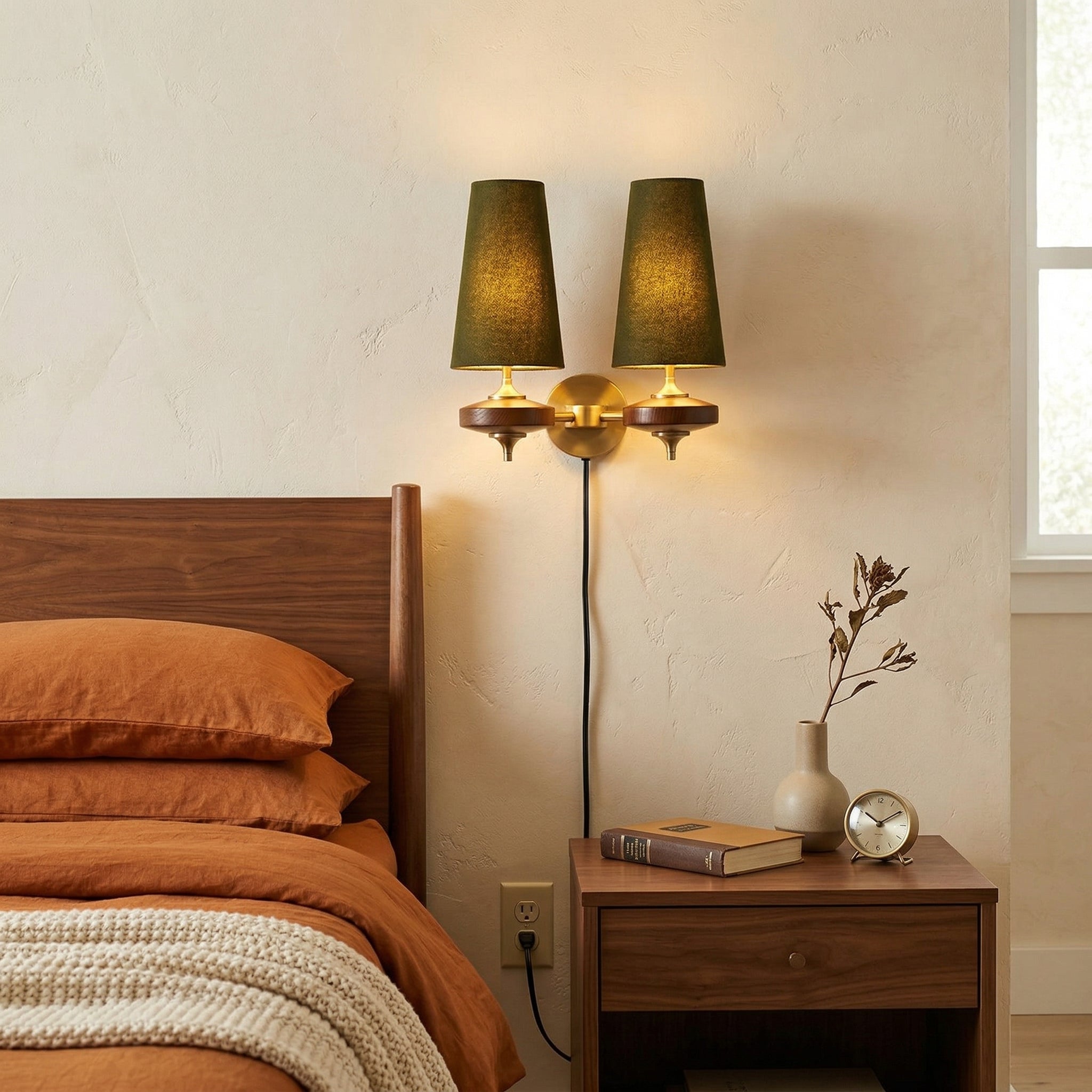Modern Walnut Plug-In Double Wall Sconce Lamp