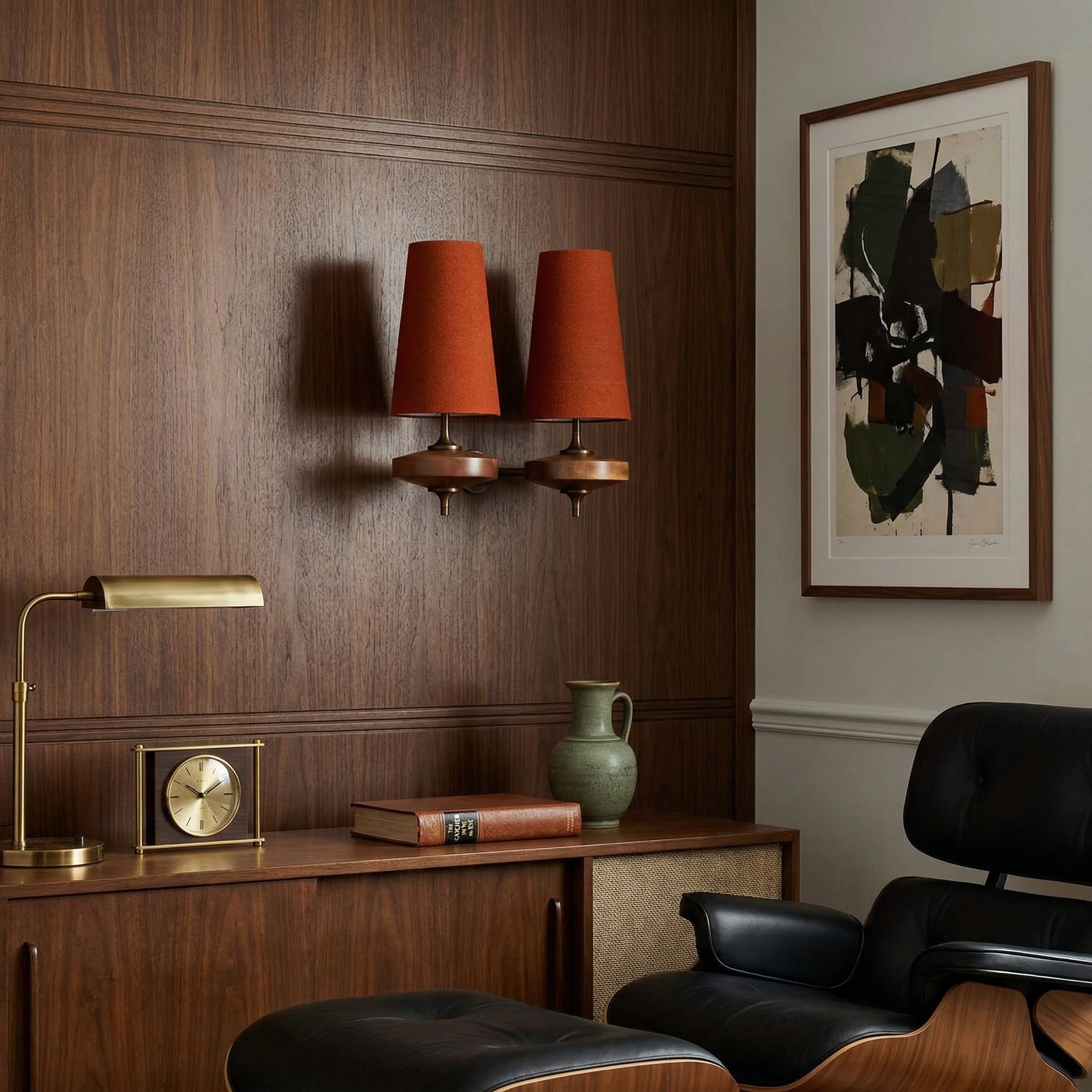Walnut Double Wall Sconce with Fabric Shades