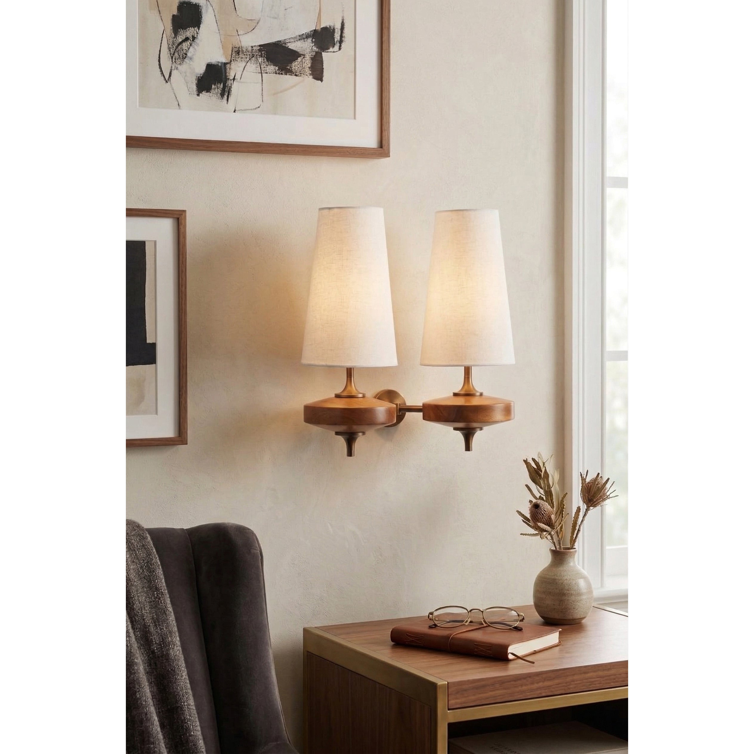 Walnut Double Wall Sconce with Fabric Shades