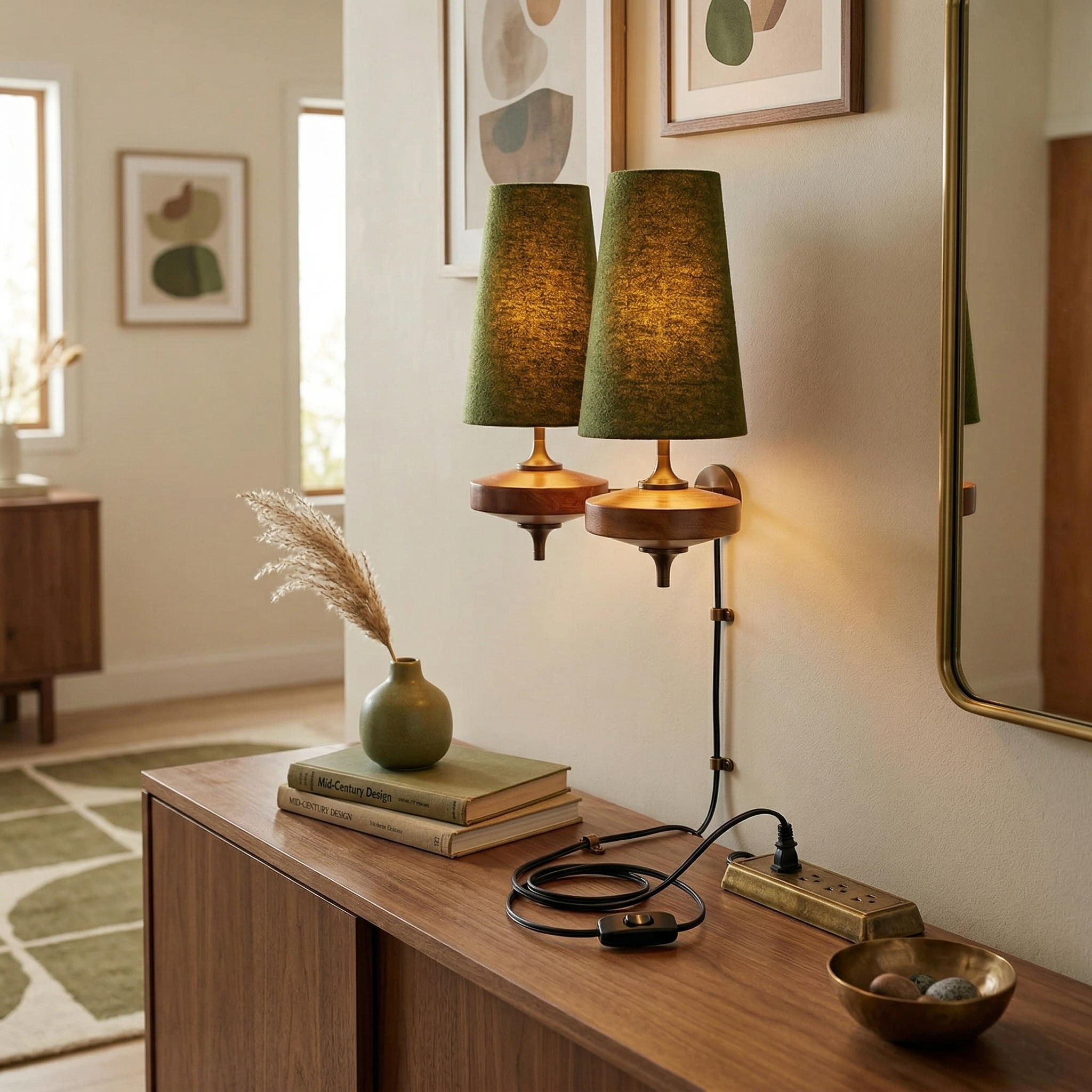 Modern Walnut Plug-In Double Wall Sconce Lamp