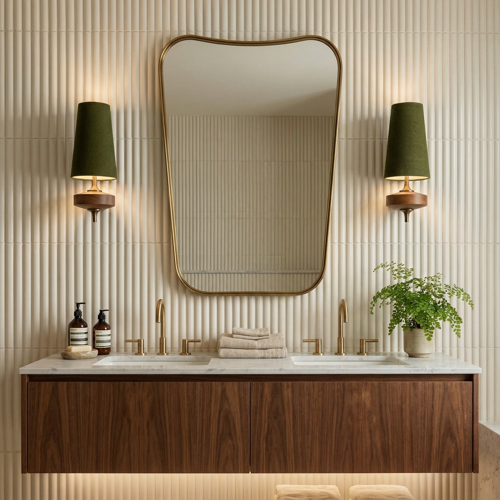Walnut Double Wall Sconce with Fabric Shades
