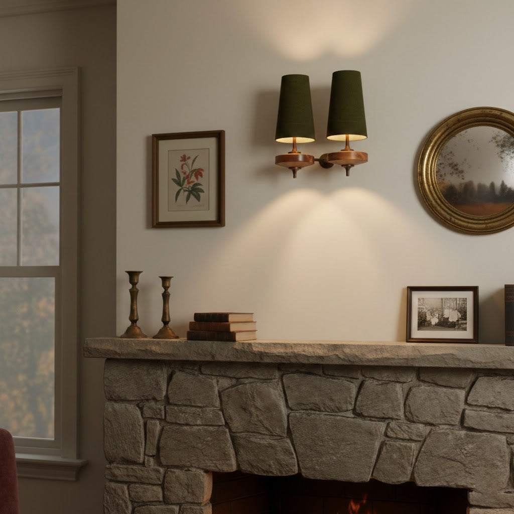 Walnut Double Wall Sconce with Fabric Shades