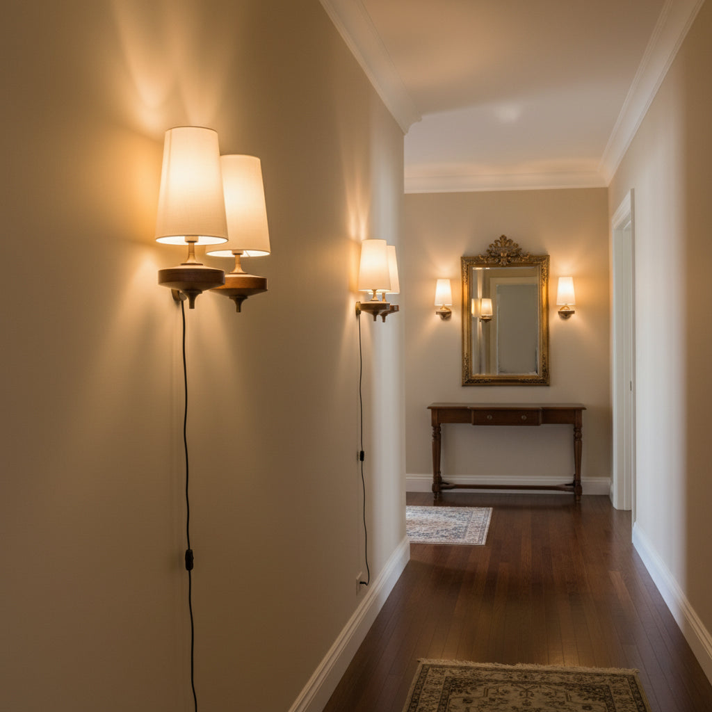 Modern Walnut Plug-In Double Wall Sconce Lamp