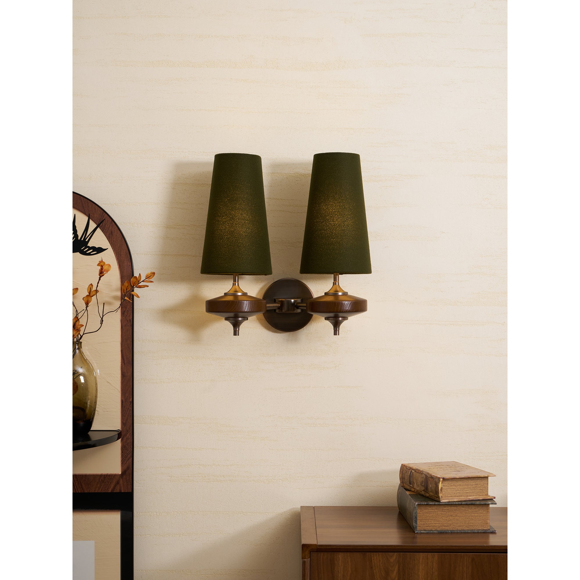 Walnut Double Wall Sconce with Fabric Shades