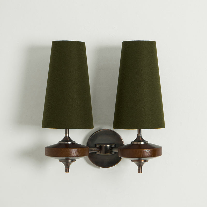 Walnut Double Wall Sconce with Fabric Shades