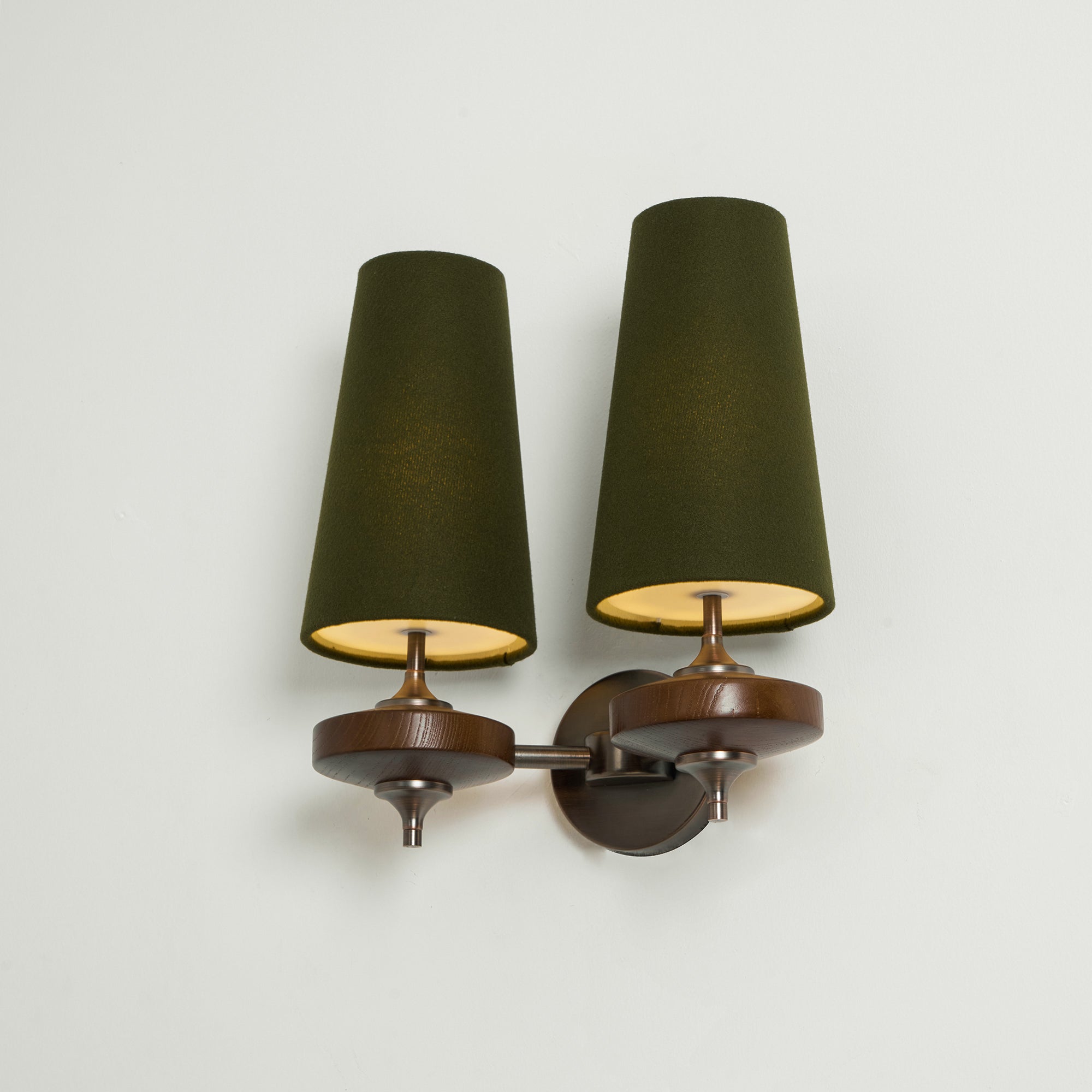 Walnut Double Wall Sconce with Fabric Shades