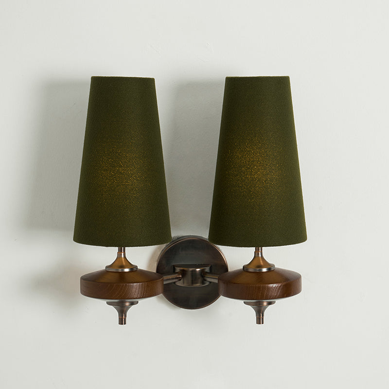 Walnut Double Wall Sconce with Fabric Shades