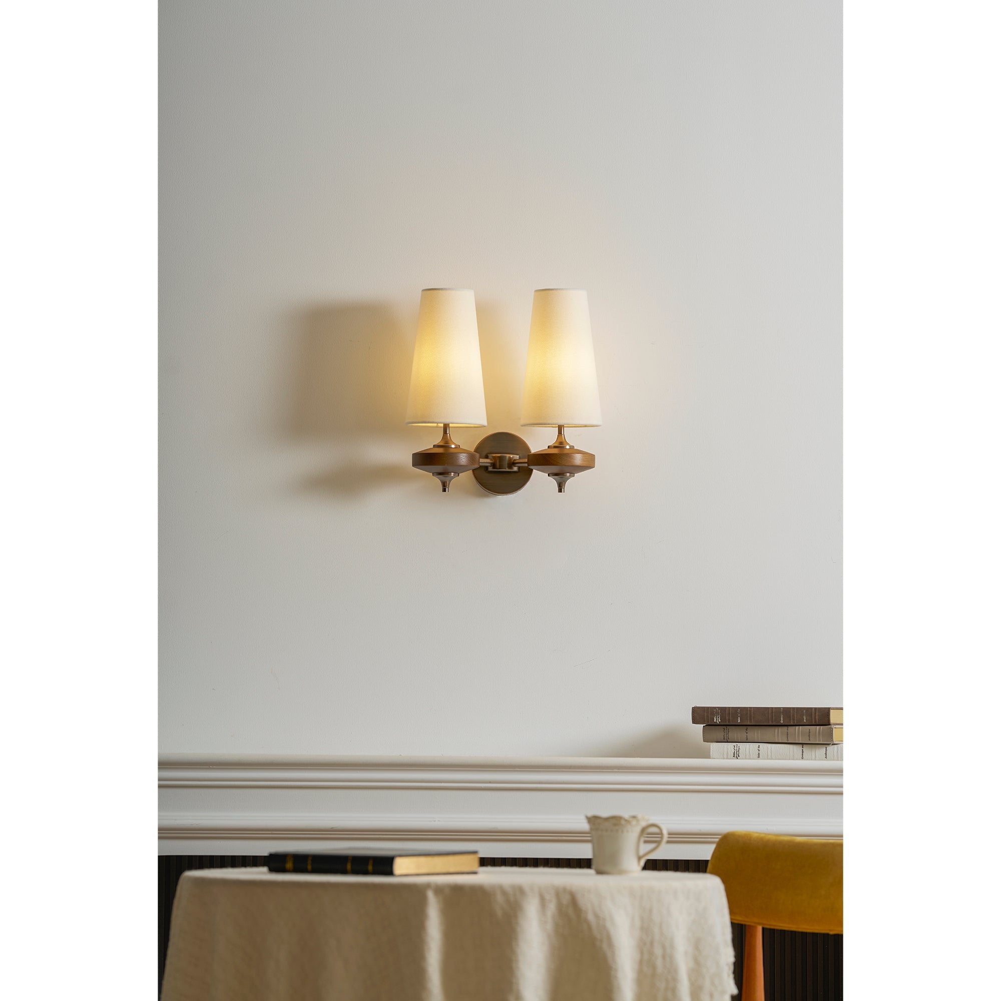 Walnut Double Wall Sconce with Fabric Shades