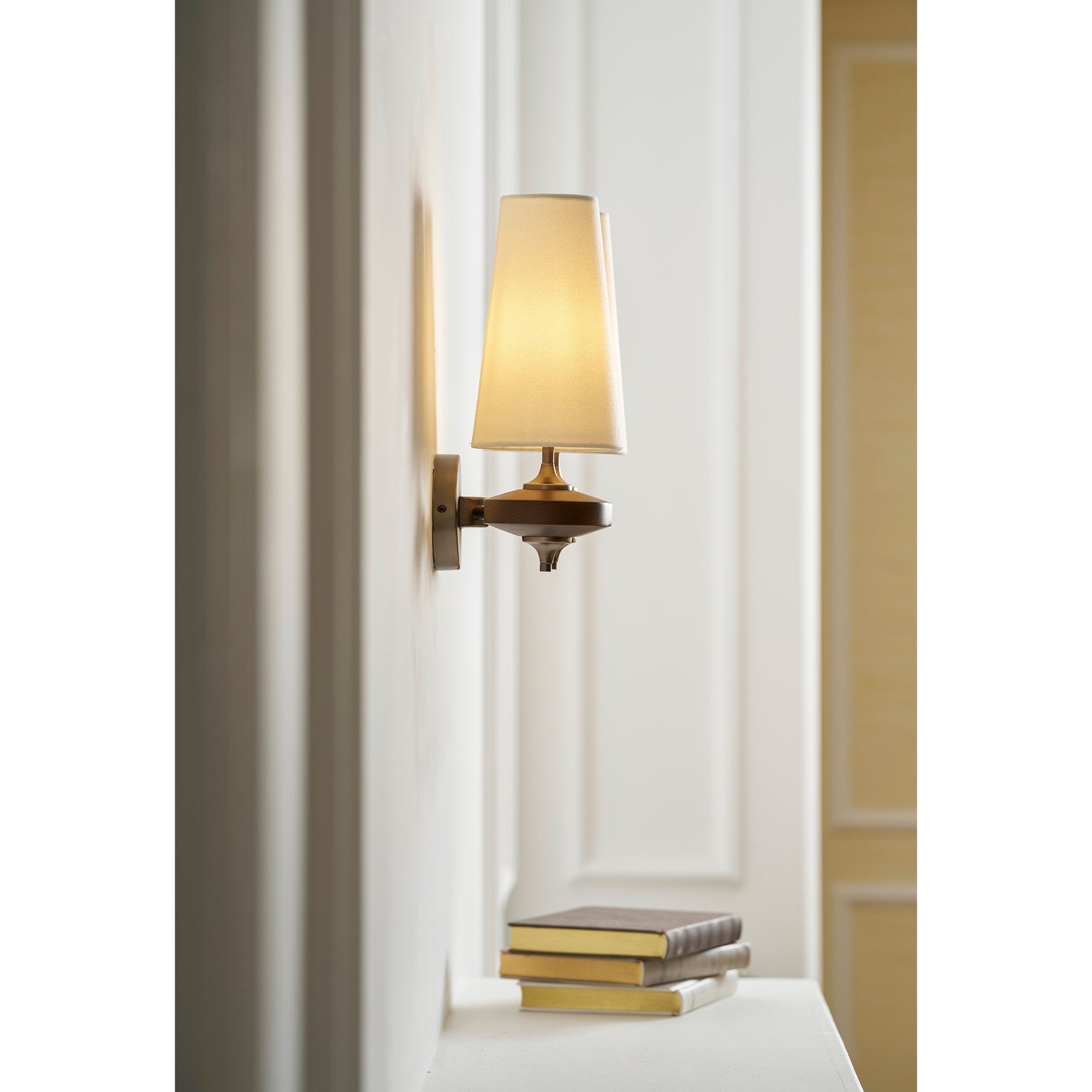 Walnut Double Wall Sconce with Fabric Shades