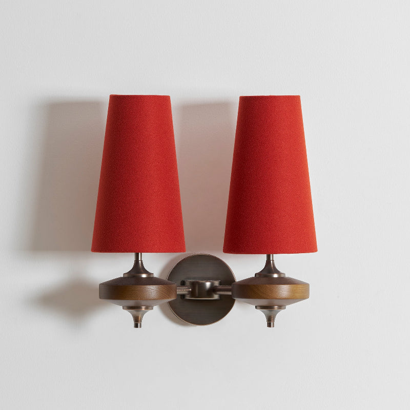 Walnut Double Wall Sconce with Fabric Shades