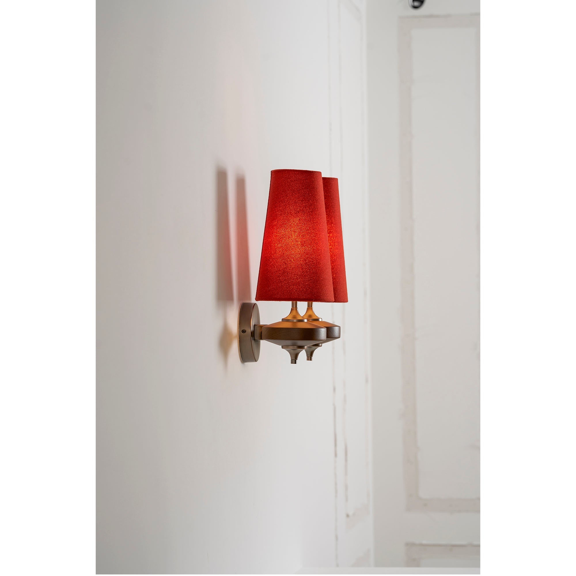Walnut Double Wall Sconce with Fabric Shades