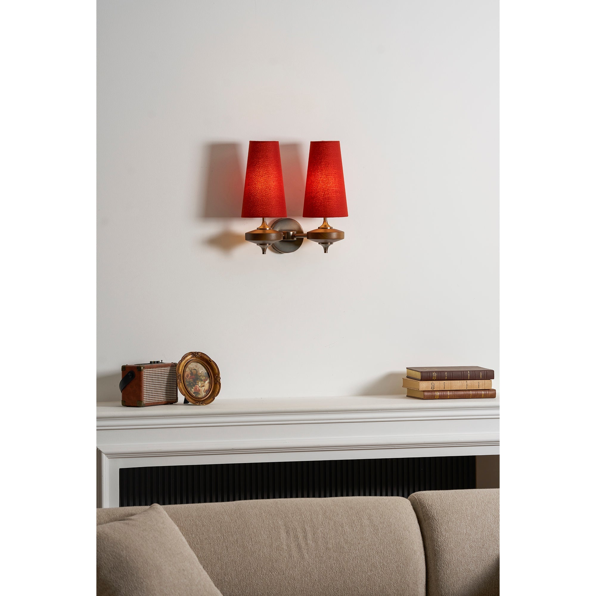 Walnut Double Wall Sconce with Fabric Shades