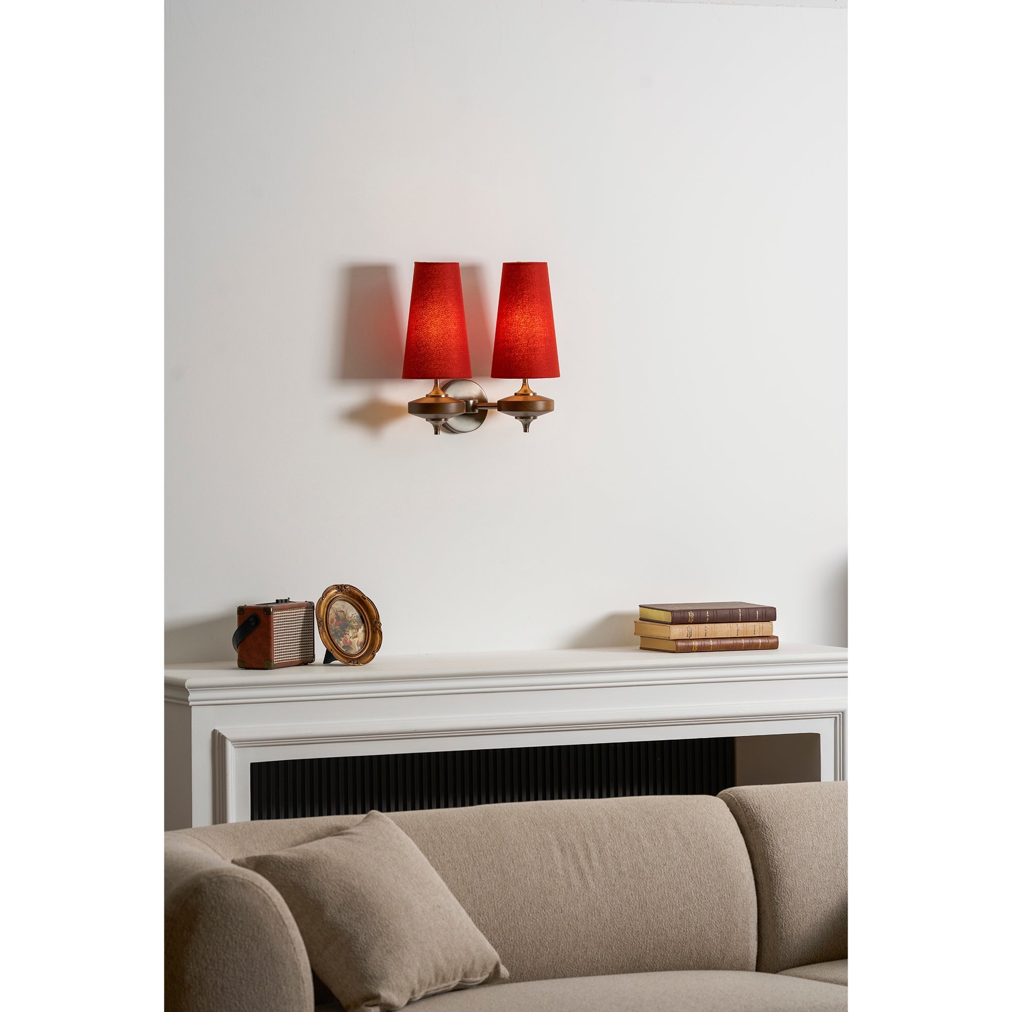 Walnut Double Wall Sconce with Fabric Shades