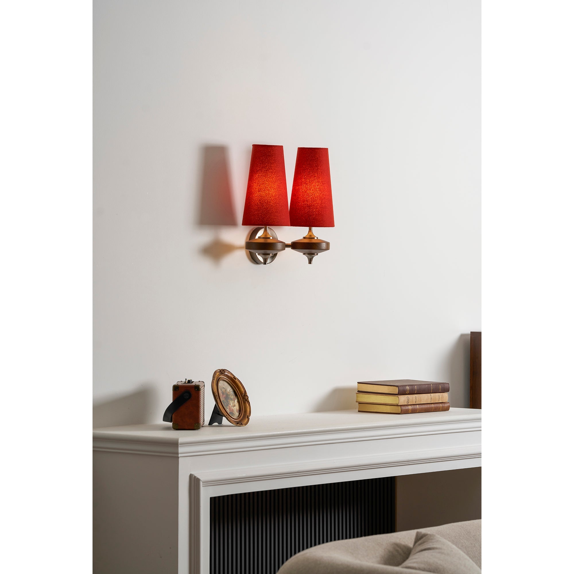 Walnut Double Wall Sconce with Fabric Shades