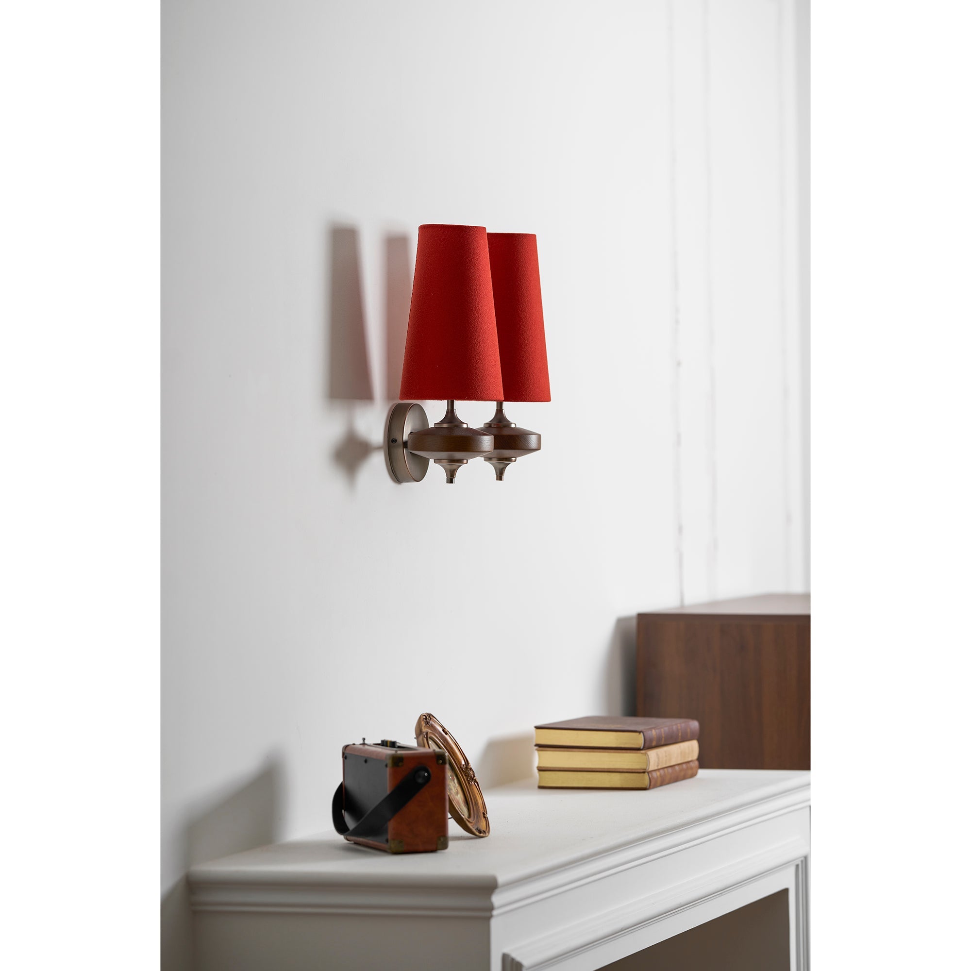 Walnut Double Wall Sconce with Fabric Shades