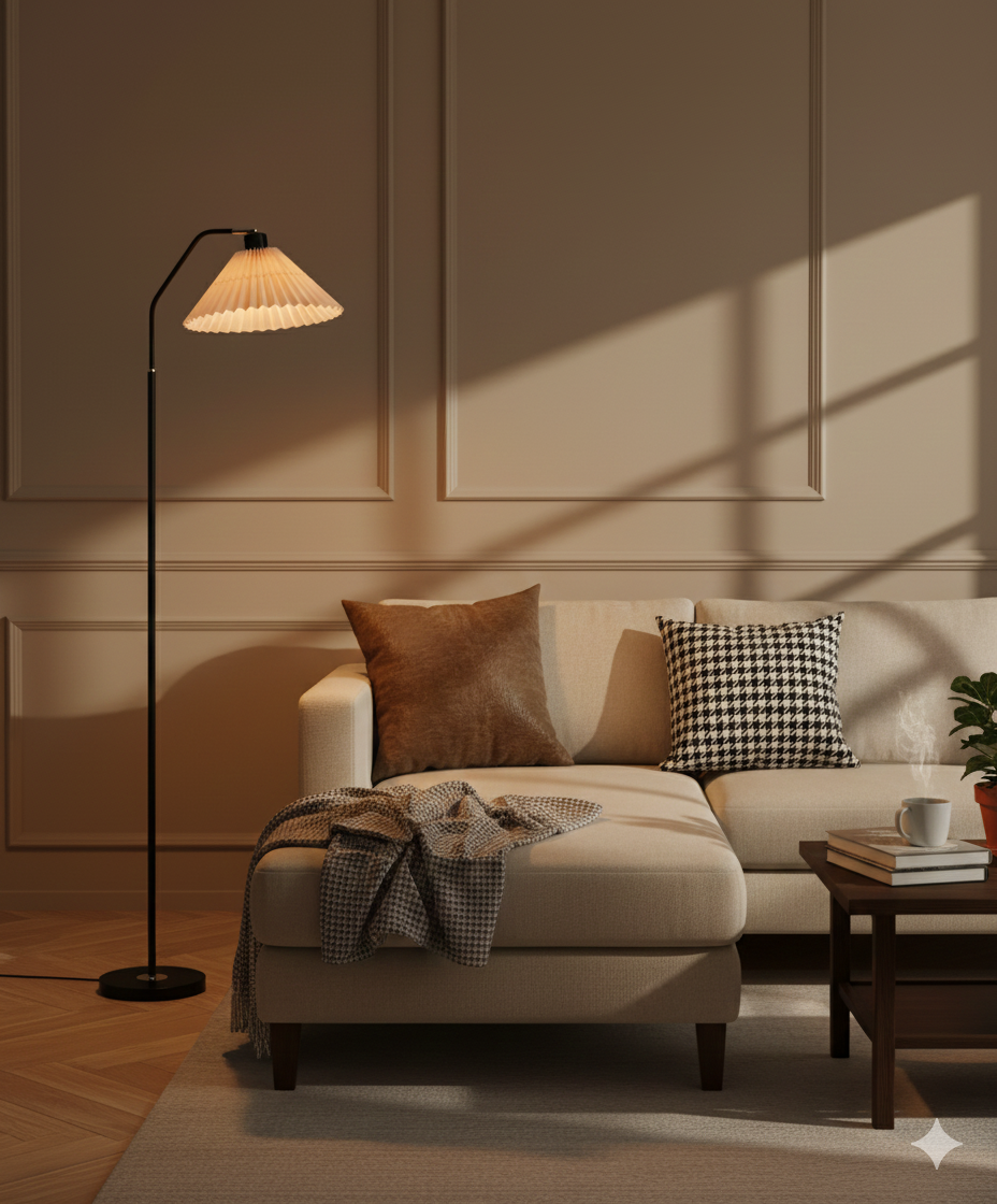 Iron Pleated Shade Floor Lamp with Curved Arm