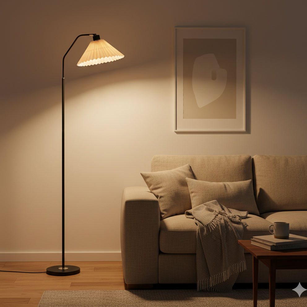 Iron Pleated Shade Floor Lamp with Curved Arm