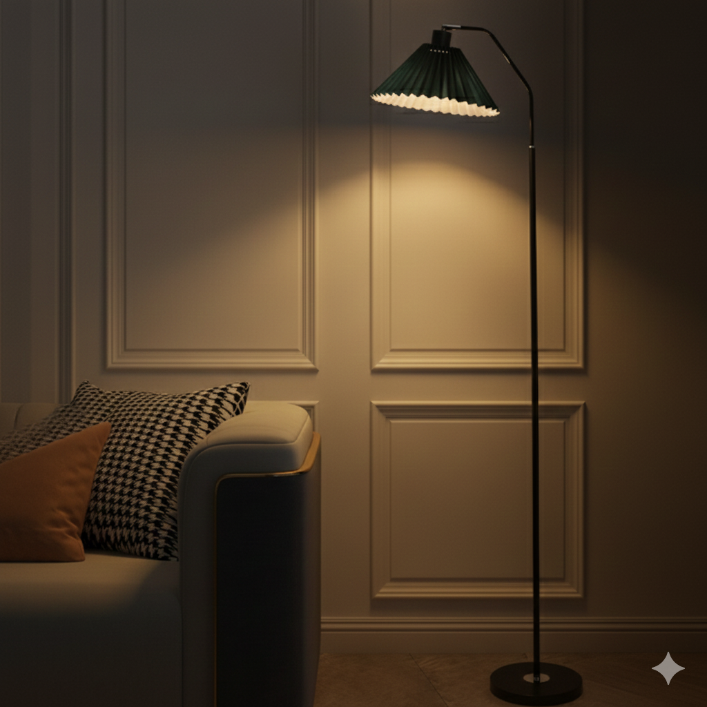 Iron Pleated Shade Floor Lamp with Curved Arm