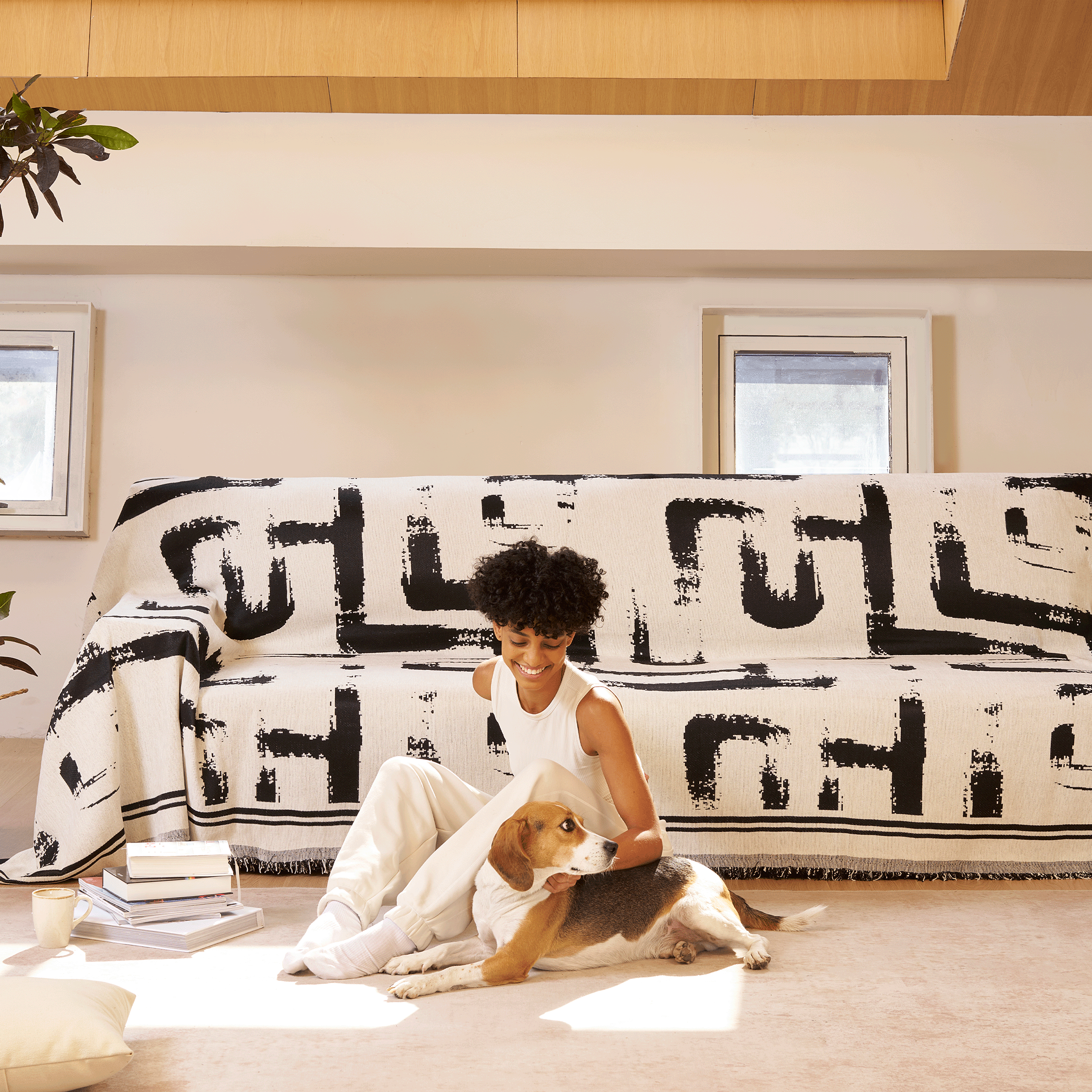 Jacquard Sofa Cover with Abstract Ink Print