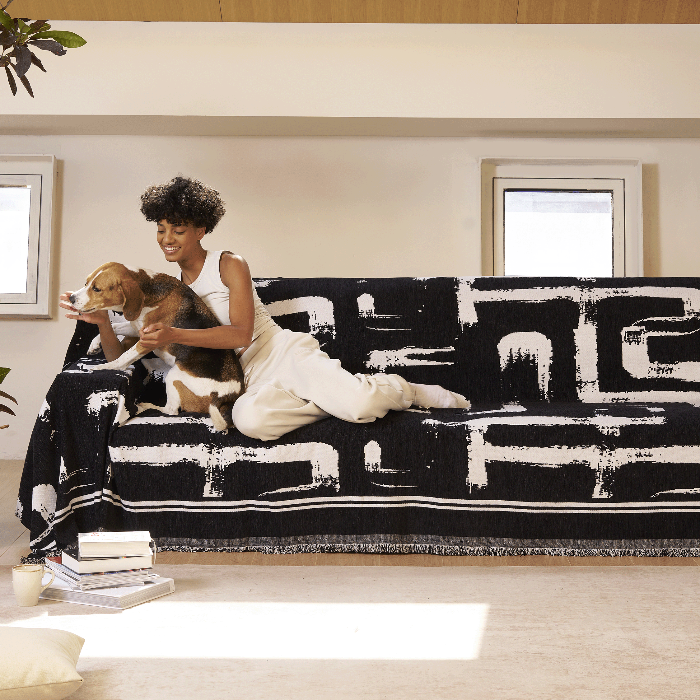 Jacquard Sofa Cover with Abstract Ink Print