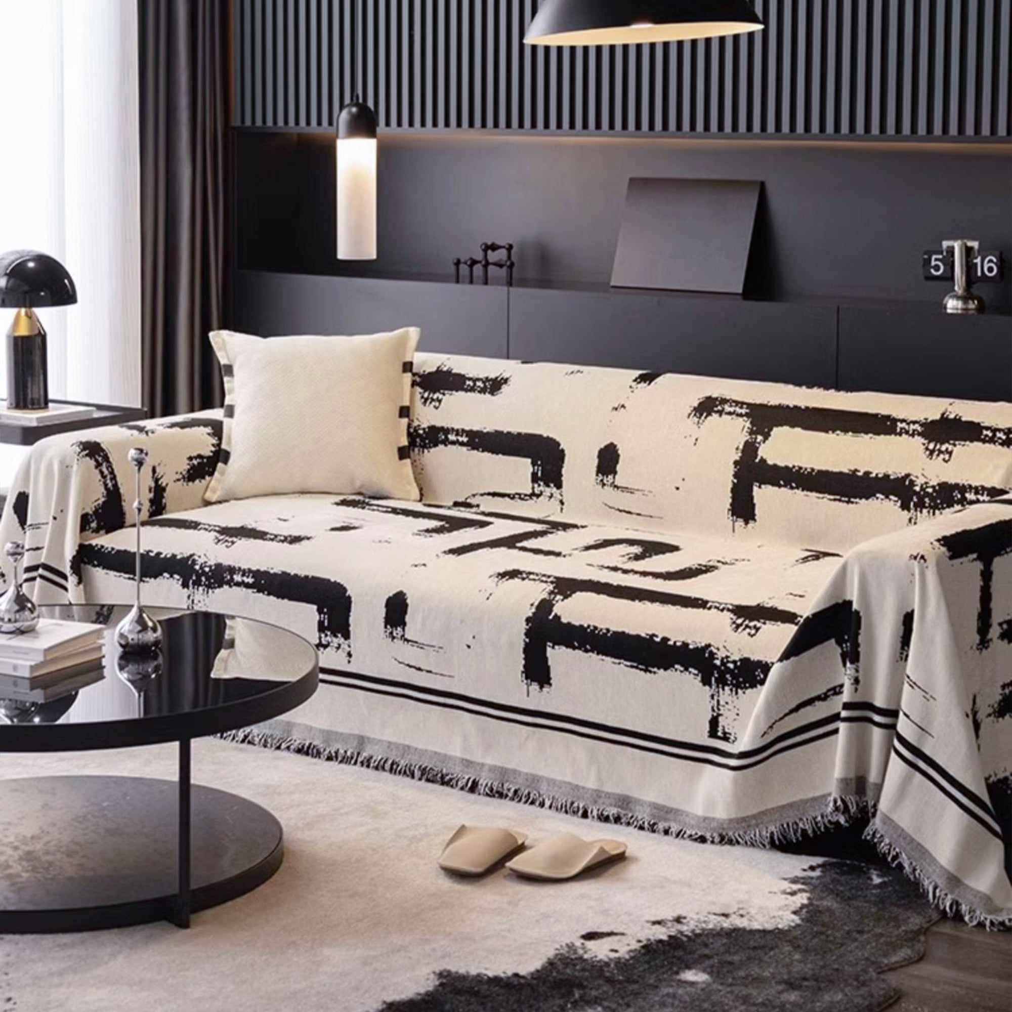 Jacquard Sofa Cover with Abstract Ink Print