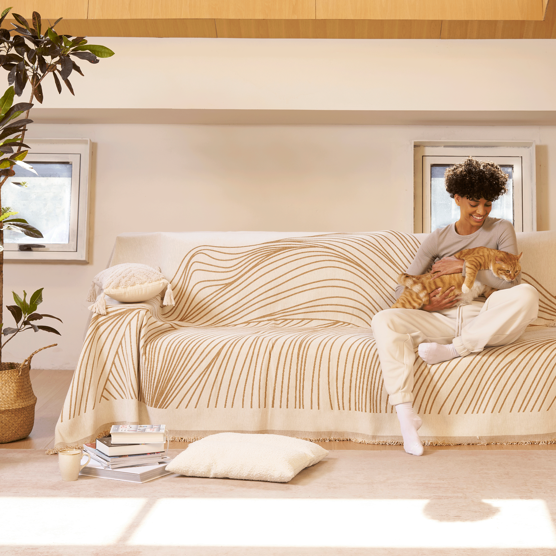 Jacquard Sofa Cover with Curved Line Pattern