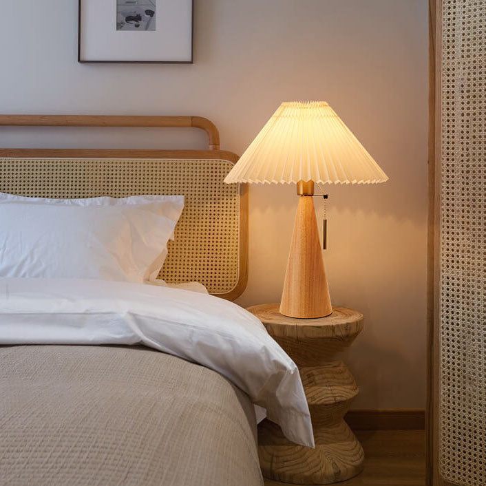 Japanese Wooden Table Lamp with Pleated Shade