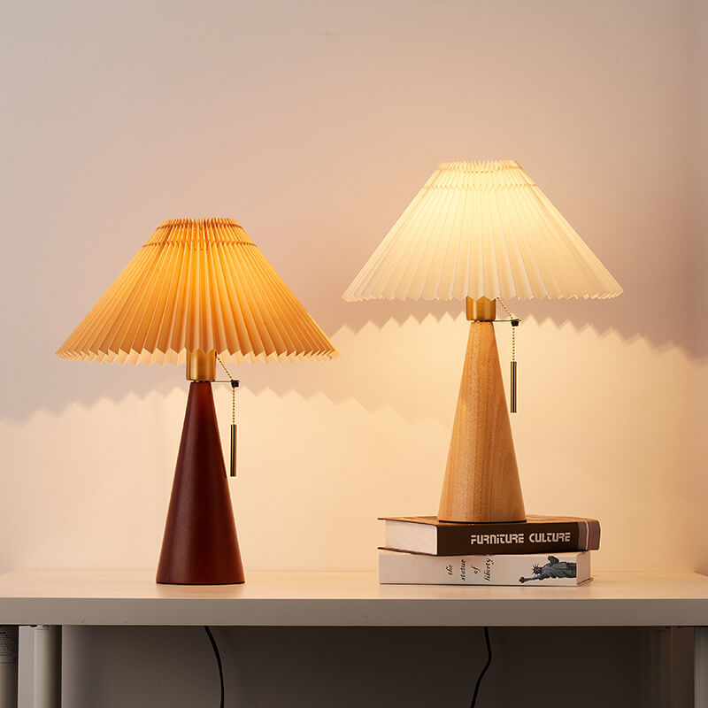 Japanese Wooden Table Lamp with Pleated Shade