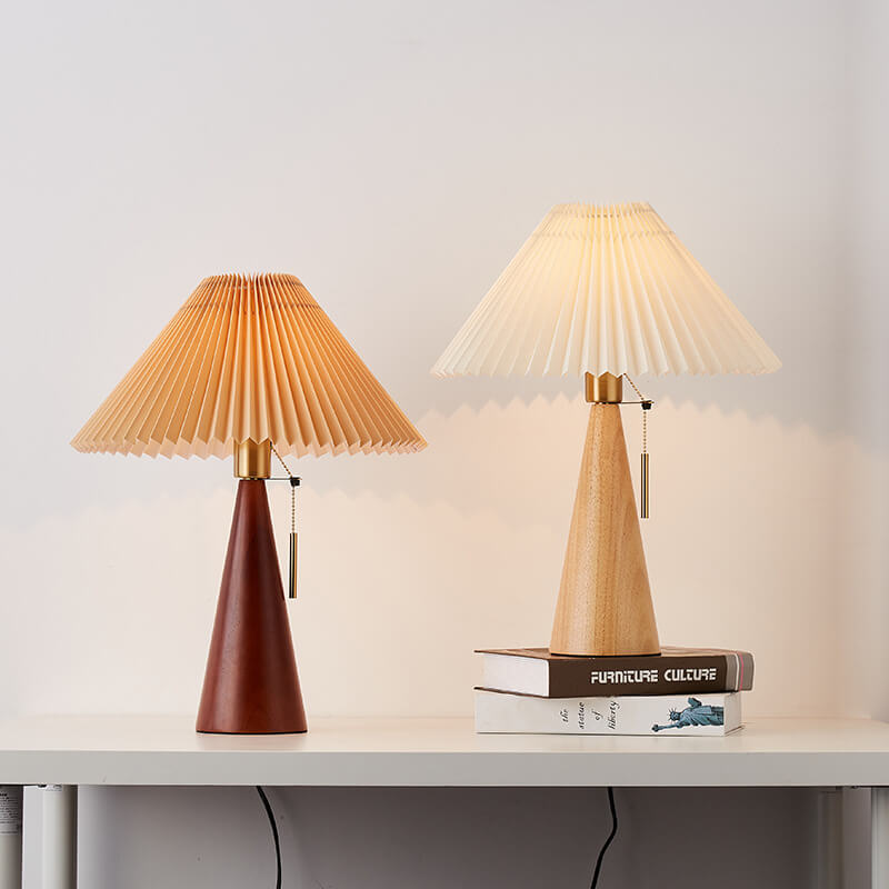Japanese Wooden Table Lamp with Pleated Shade