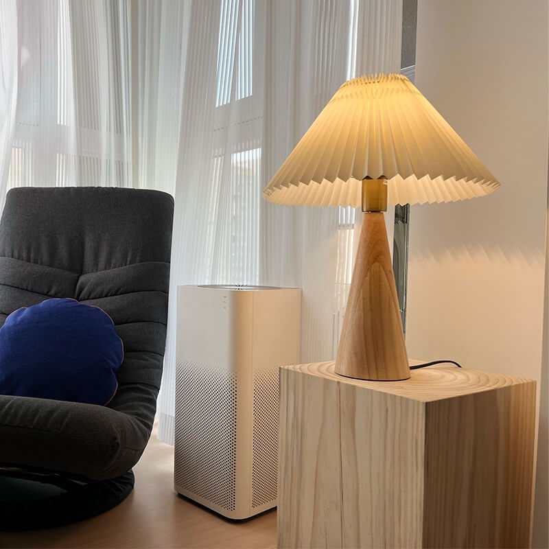 Japanese Wooden Table Lamp with Pleated Shade