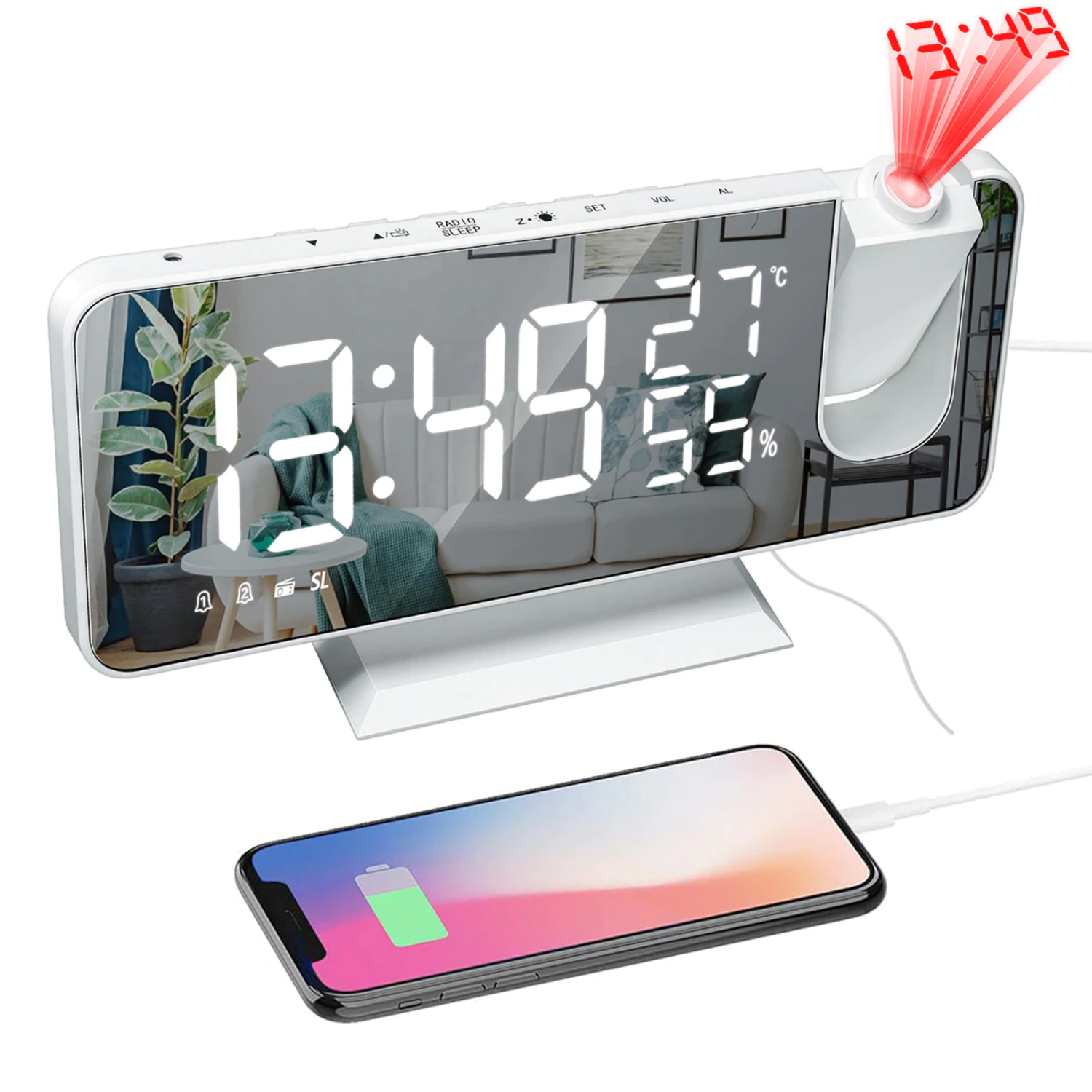 Mirror LED Alarm Clock with Time Projection