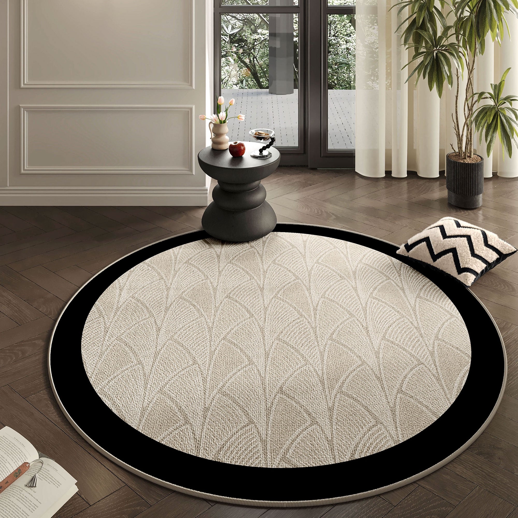 Modern Beige Round Rug with Black Fan Pattern