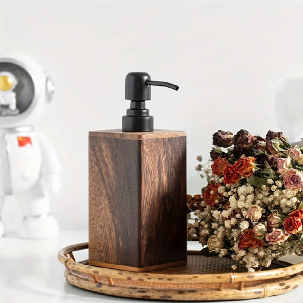 Natural Walnut Soap Dispenser with Black Pump