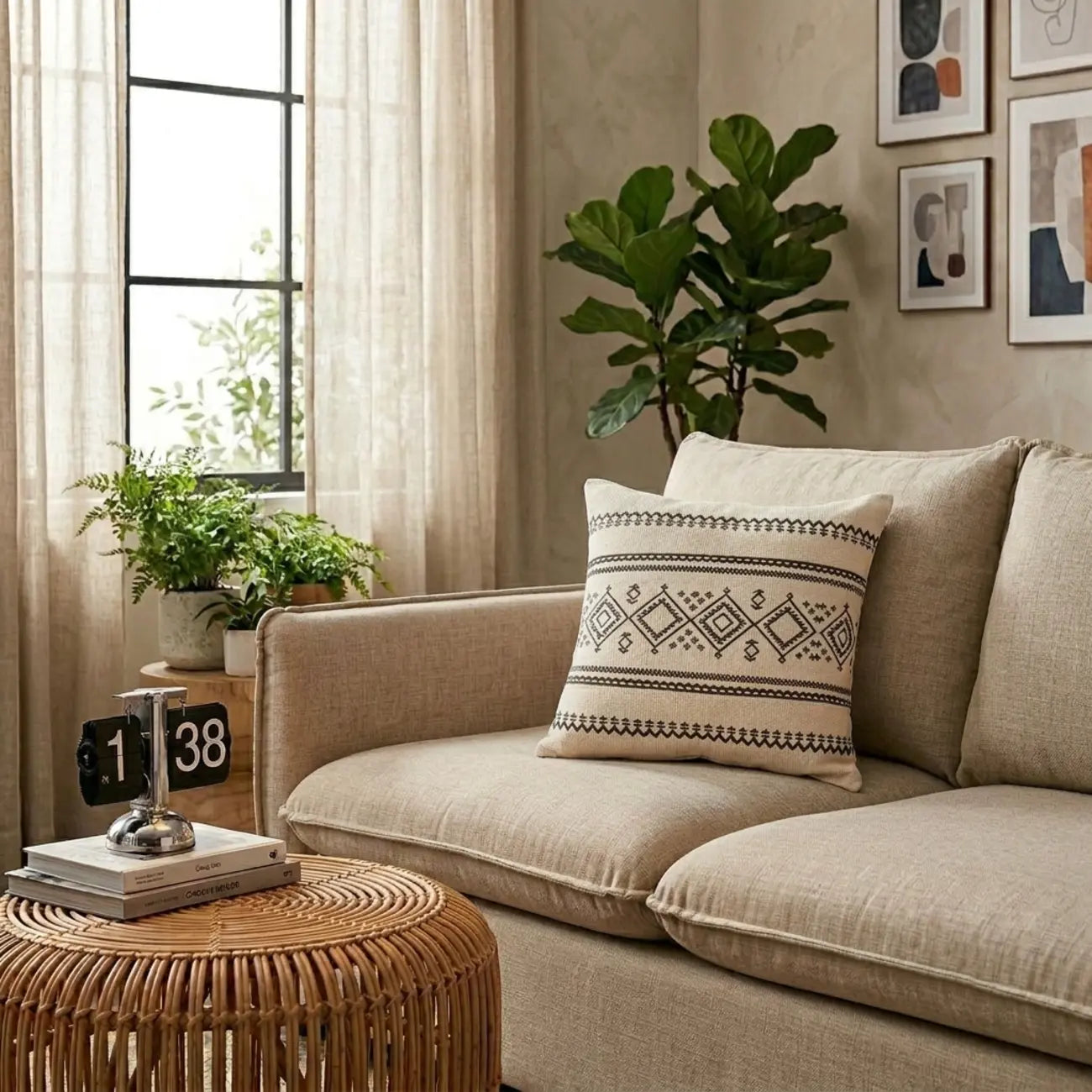 Neutral Boho Cotton Linen Pillow with Tassels