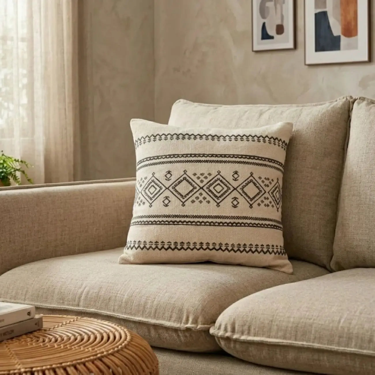 Neutral Boho Cotton Linen Pillow with Tassels