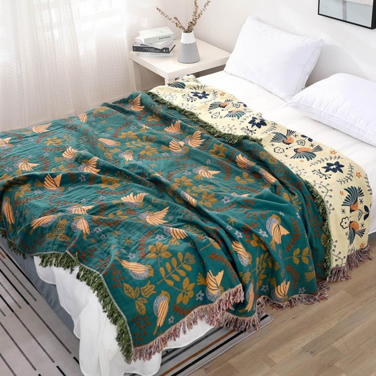 Nordic Bird Throw Blanket with Woven Fringe