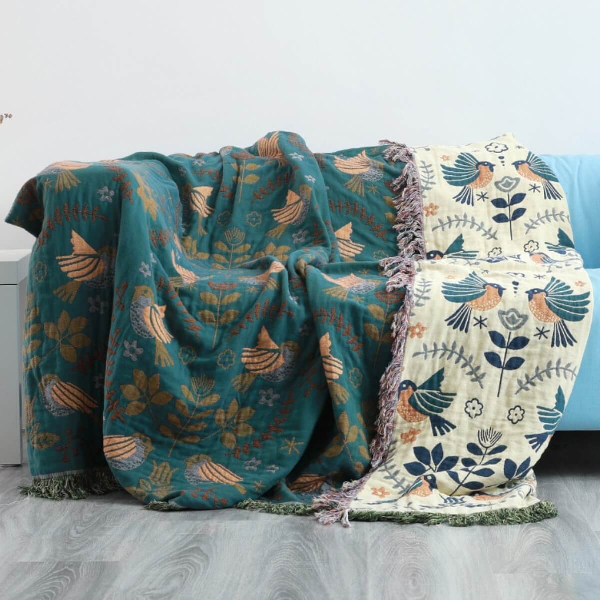 Nordic Bird Throw Blanket with Woven Fringe