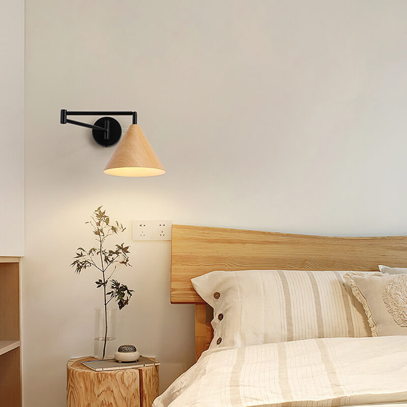 Nordic Swing Arm Sconce with Wood Cone Shade