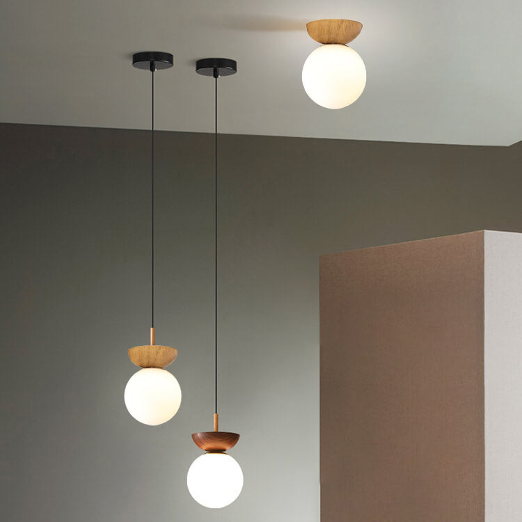 Nordic Wood Globe Ceiling Light Frosted Glass