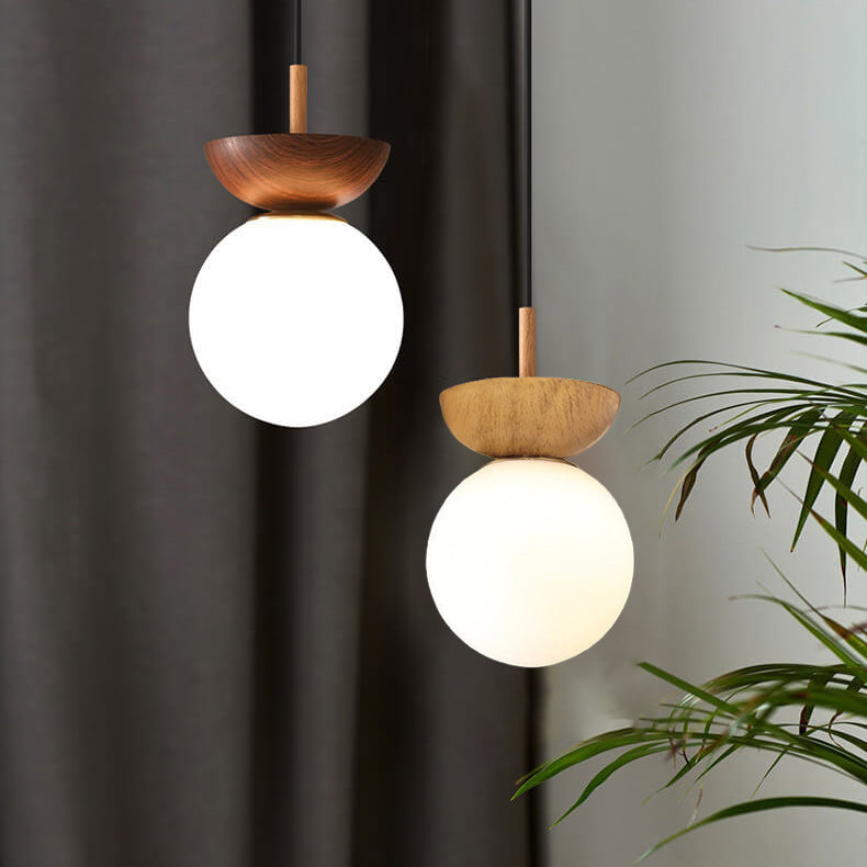 Nordic Wood Globe Ceiling Light Frosted Glass