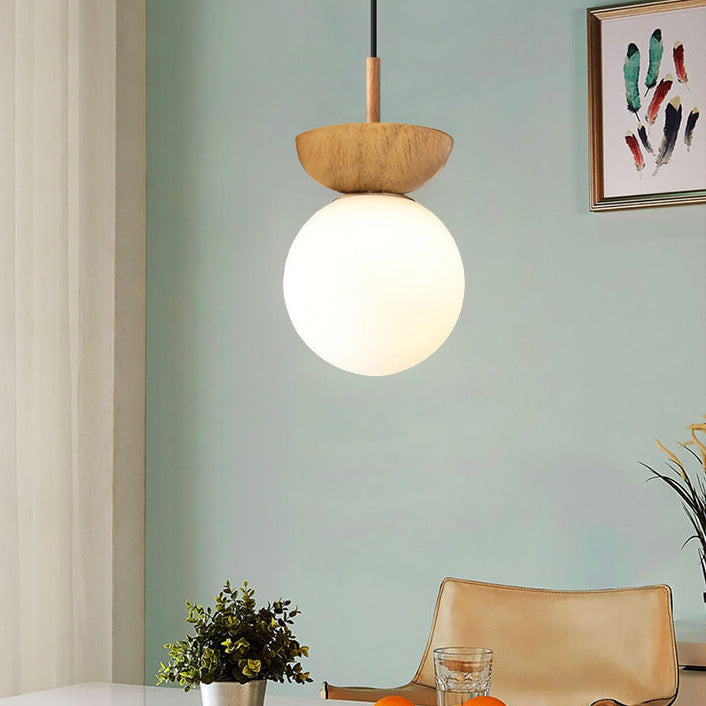 Nordic Wood Globe Ceiling Light Frosted Glass