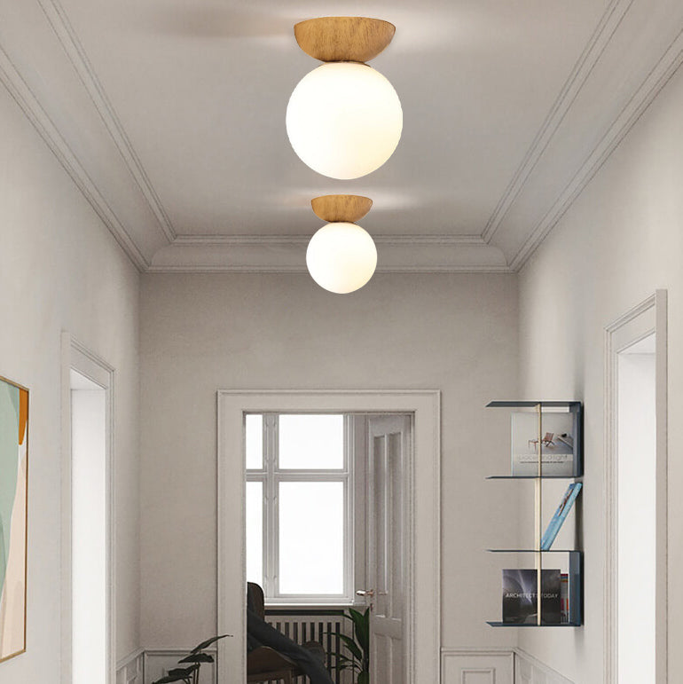 Nordic Wood Globe Ceiling Light Frosted Glass