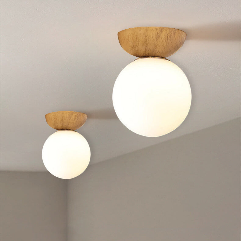 Nordic Wood Globe Ceiling Light Frosted Glass