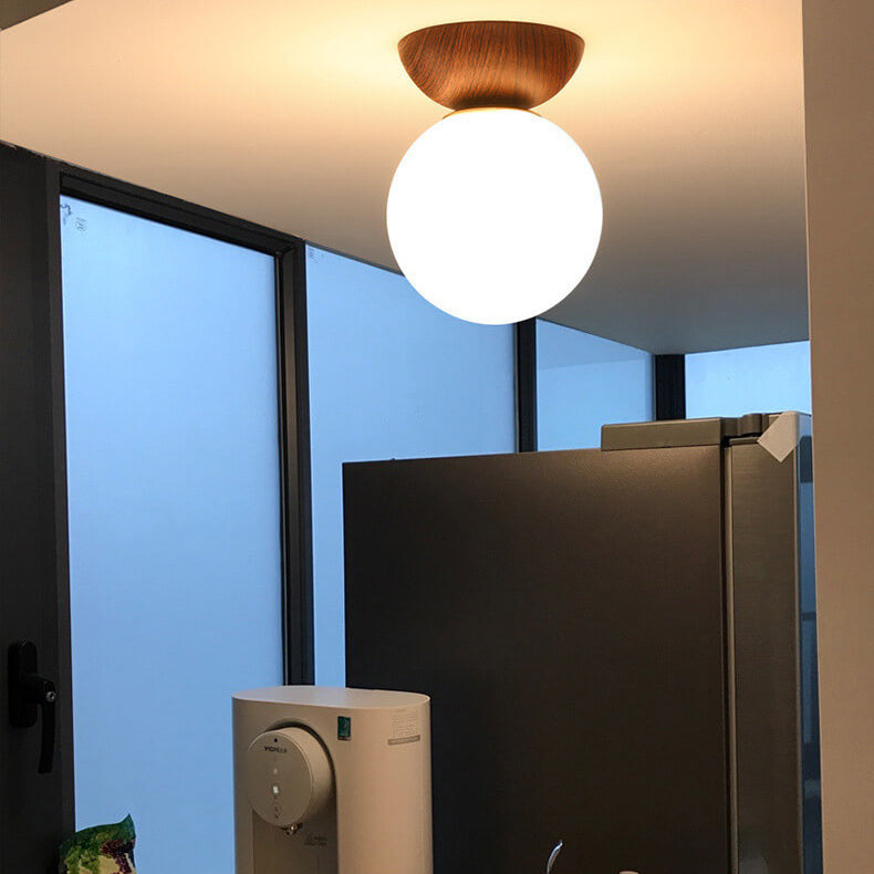 Nordic Wood Globe Ceiling Light Frosted Glass