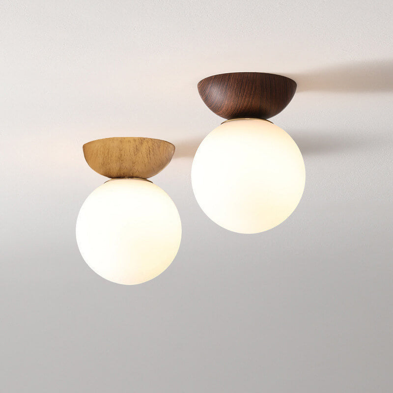 Nordic Wood Globe Ceiling Light Frosted Glass